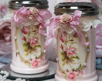 Shabby Chic Vintage French Style Kitchen Sugar Dispenser Sugar Parmesan Cheese Cinnamon Shaker Set of Two Pink Roses 12 Oz Jar Blush Pink