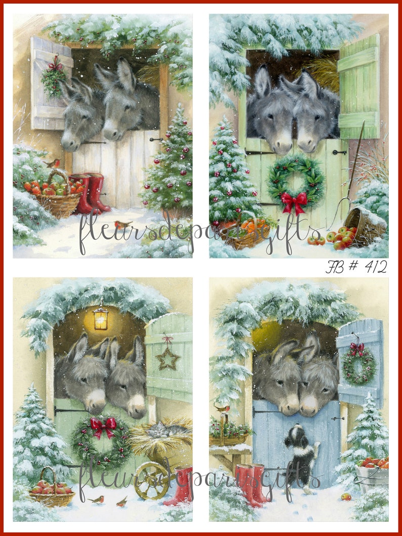 NEW Vintage Christmas on a Farm Donkeys Puppies 4 Images Etsy