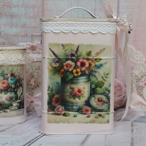 Shabby Chic Vintage French Country Cottage Style Large Storage Metal Bathroom Box Organizer Shabby Roses Blush Pink