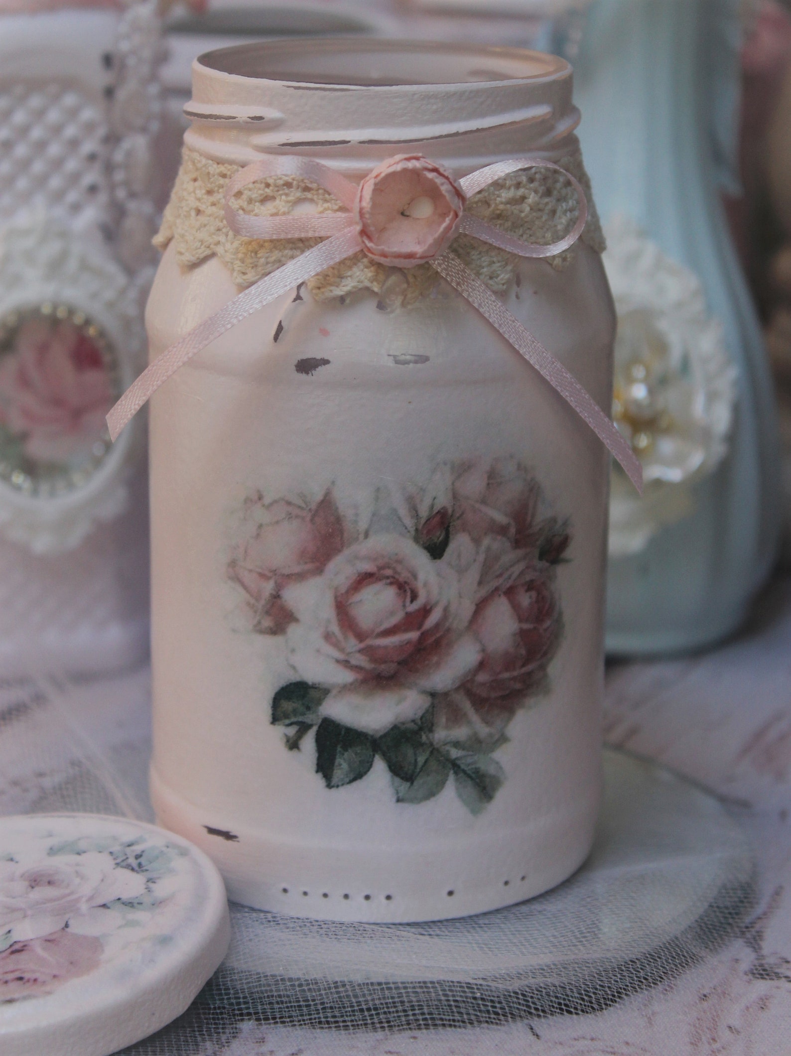 Shabby Chic Vintage French Style Painted Decoupage Mason Jar Etsy