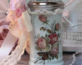 Shabby Chic Vintage French Style Kitchen Sugar Dispenser Pink Roses Vintage lace/faux roses (12 Oz.) Baby Blue