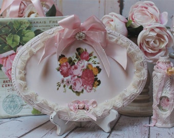 Shabby Chic Hand Painted Metal Vanity Tray Frnch Bath Boudoir Decor