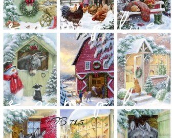 Vintage Christmas Santa Old Farm Children Chicken Snowman 9 - 2 1/4" x 3" Images Printed on 1 - 8 1/2" x 11" Quilting Fabric block fb 715