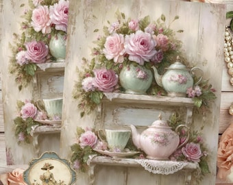 Shabby Chic Tea Cups Roses Cottage Floral Decor Decoupage Rice Paper A4 Size