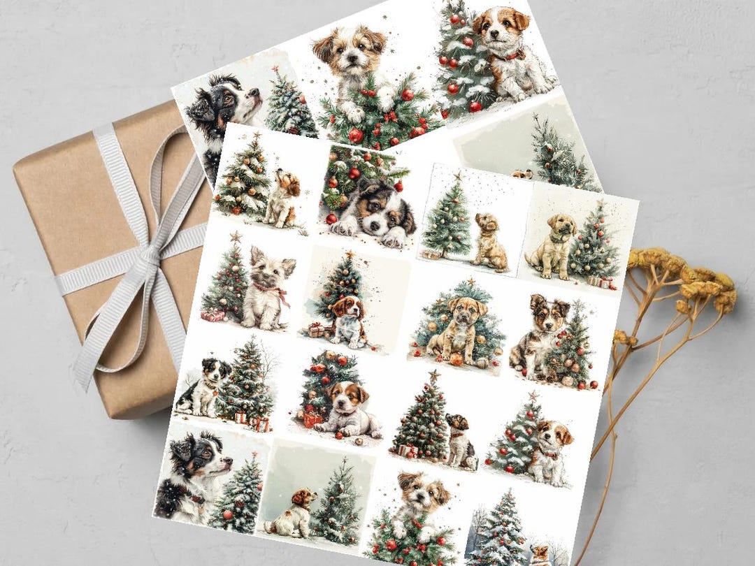 Decoupage Rice Paper, Set of 2 A4 Vintage Christmas Dog & Christmas