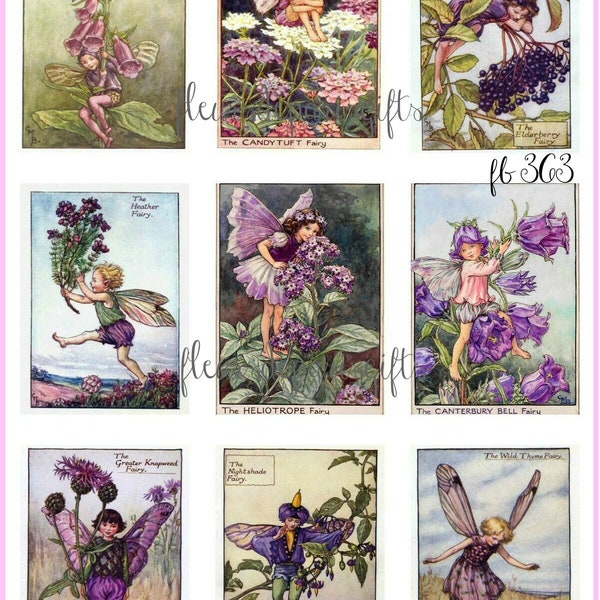 Vintage Flower Fairies Purple 9 - 2 1/4" x 3" (approx.) Images Printed on 1 - 8 1/2" x 11" Quilting Fabric Block fb 363
