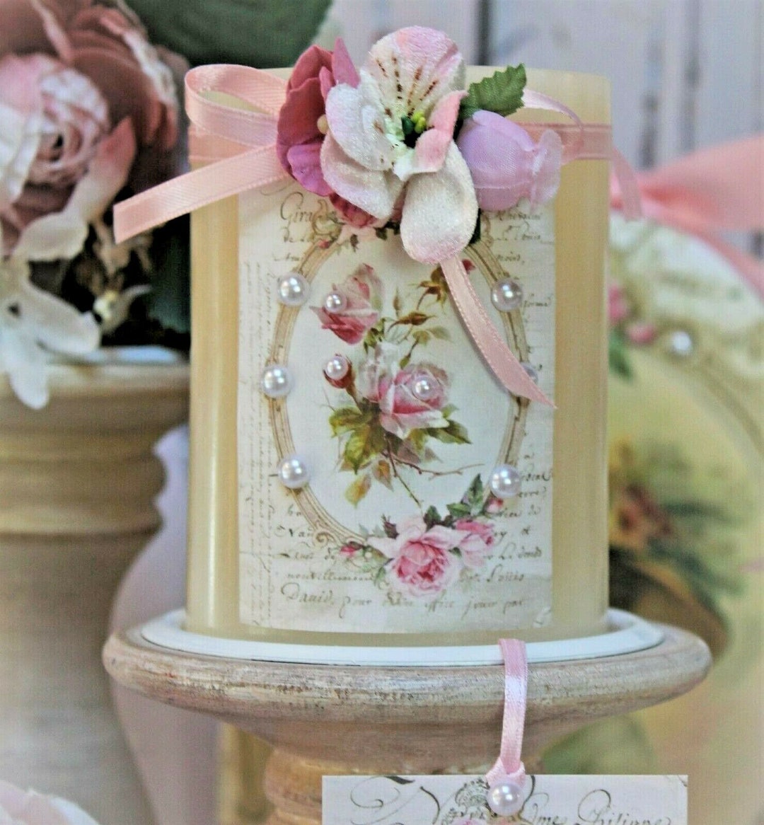 Shabby Chic Vintage Wax Flameless Candle, Shabby Pink Rose, Romantic ...