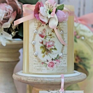 Shabby Chic Vintage Wax Flameless Candle, Shabby Pink Rose, Romantic Decor.