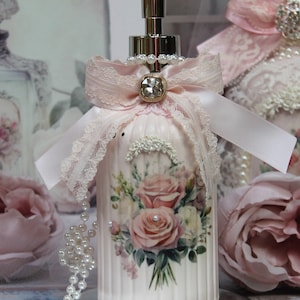 Shabby Chic Vintage Victorian Style Paris Boudoir Soap/Lotion Dispenser Blush Pink ~ French Rose Molding/Vintage Lace/Faux Pearls