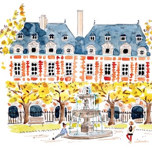 Place des Vosges art print /Paris illustration hand painted/ France, Parisian Poster, Paris Decor, Paris Gift, Travel Gift, Travel Poster