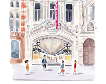 May include: A watercolor painting of a building with an arched entrance. The building has a red banner that says "Burlington Arcade". There are people walking in front of the building.