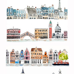 Handmade Paris, London skyline, Amsterdam and Venice skylines print | European cities watercolour print | Paris London Venice wall art