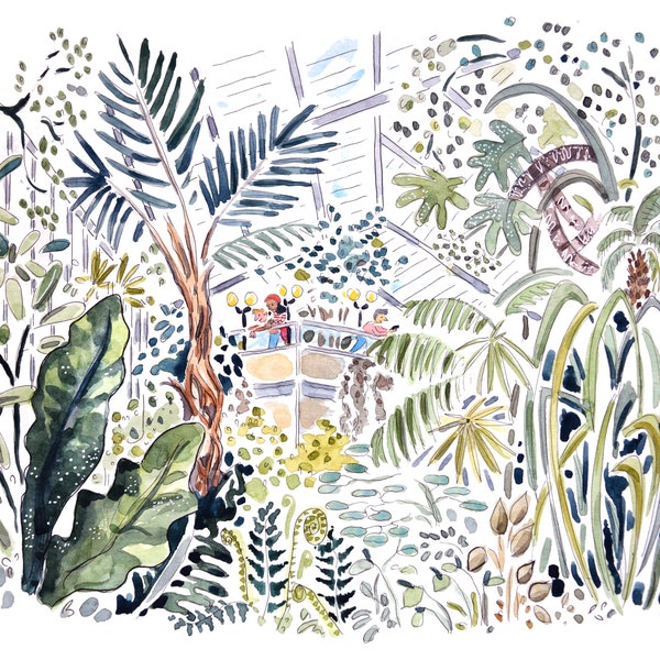 Handmade London Barbican greenhouse print | urban jungle illustration | tropical art | London Barbican illustration | tropical wall decor