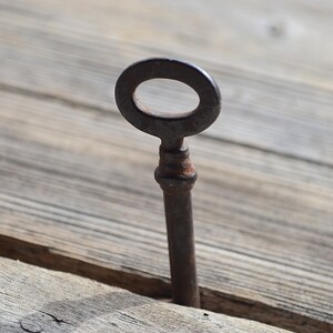 May include: A rusty metal key with a circular head and a long, thin shaft. The key is partially inserted into a crack in a wooden surface.