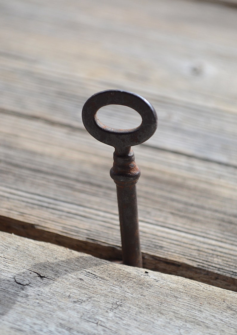 May include: A rusty metal key with a circular head and a long, thin shaft. The key is partially inserted into a crack in a wooden surface.