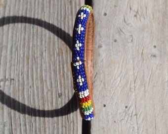 Antique Seed Beaded Leather Bracelet, Handmade Women's Jewelry