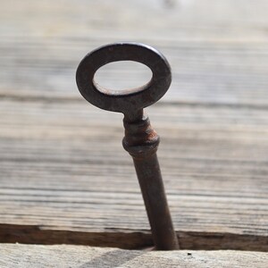 May include: A rusty metal key with a circular head is partially inserted into a wooden surface.