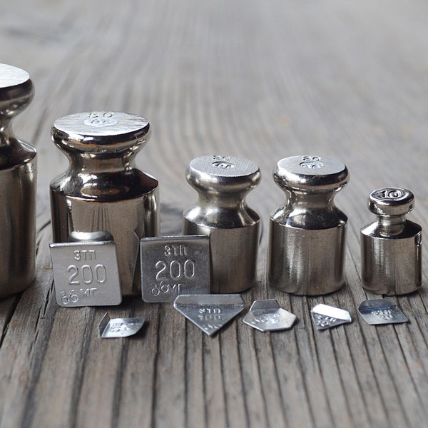 Weight scales balance grams, 7 pcs grams and 8 pcs milligrams, Vintage brass weight scale balance, Weight masses, Old brass weight