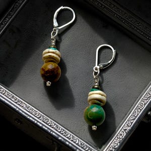 Turquoise Pyrite Drop Earrings, Ostrich Shell Beads, Sterling Silver, Artisan Gift for Her