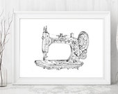 Vintage Sewing Machine, Treadle Sewing Machine, Digital Download Print, Sewing Machine Illustration, Sewing Shop, Antique Sewing Machine