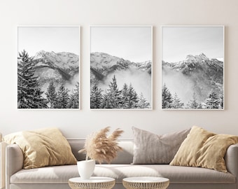 Juego de 3 impresiones de arte de montaña moderno, póster de montaña, arte de pared imprimible monocromático en blanco y negro #0001bw