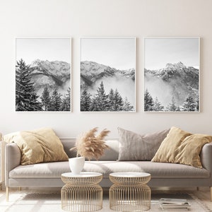 Modern Mountain Art Set Of 3 Prints Mountain Poster Art Black White Mountain Monochrome Printable Wall Art #0001bw