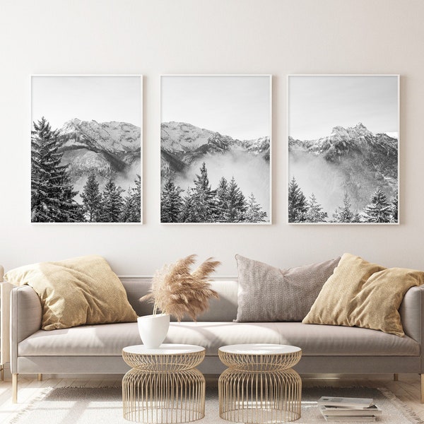 Ensemble de 3 impressions d'art moderne montagne montagne affiche d'art montagne noir blanc monochrome imprimable montagne #0001bw