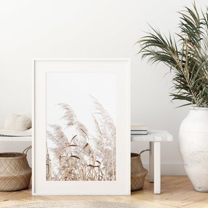 K&ouml;nnte beinhalten: Ein gerahmter Druck eines minimalistischen Fotos von hohen, getrockneten Gr&auml;sern, die im Wind gegen einen wei&szlig;en Hintergrund wehen.