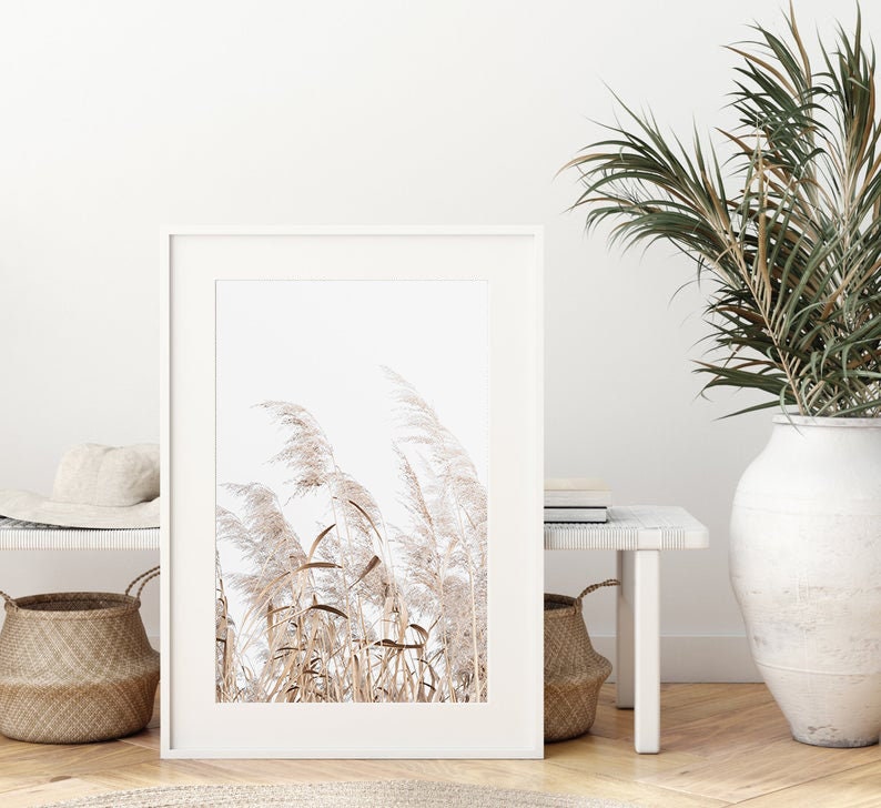 K&ouml;nnte beinhalten: Ein gerahmter Druck eines minimalistischen Fotos von hohen, getrockneten Gr&auml;sern, die im Wind gegen einen wei&szlig;en Hintergrund wehen.