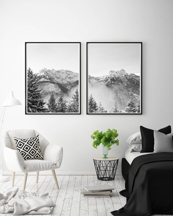 2 Piece Mountain Print Black And White Photography Wall Art Etsy