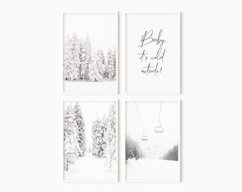 Winter Wall Art Set Of 4 Prints | Snow Scene | Downloadable Christmas Art | Snowy Landscape | Ski Prints  #1121