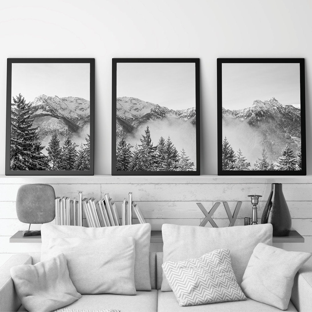 Modern Mountain Art Set of 3 Prints Mountain Poster Art Black Etsy