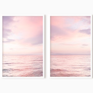 Ocean Wall Art Set Of 2 Prints | Coastal Print Set | Blush Pink Beach Landscape | Pink Ocean Sunset | Seascape Photography   #0797