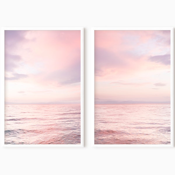 Ocean Wall Art Set Of 2 Prints | Coastal Print Set | Blush Pink Beach Landscape | Pink Ocean Sunset | Seascape Photography   #0797
