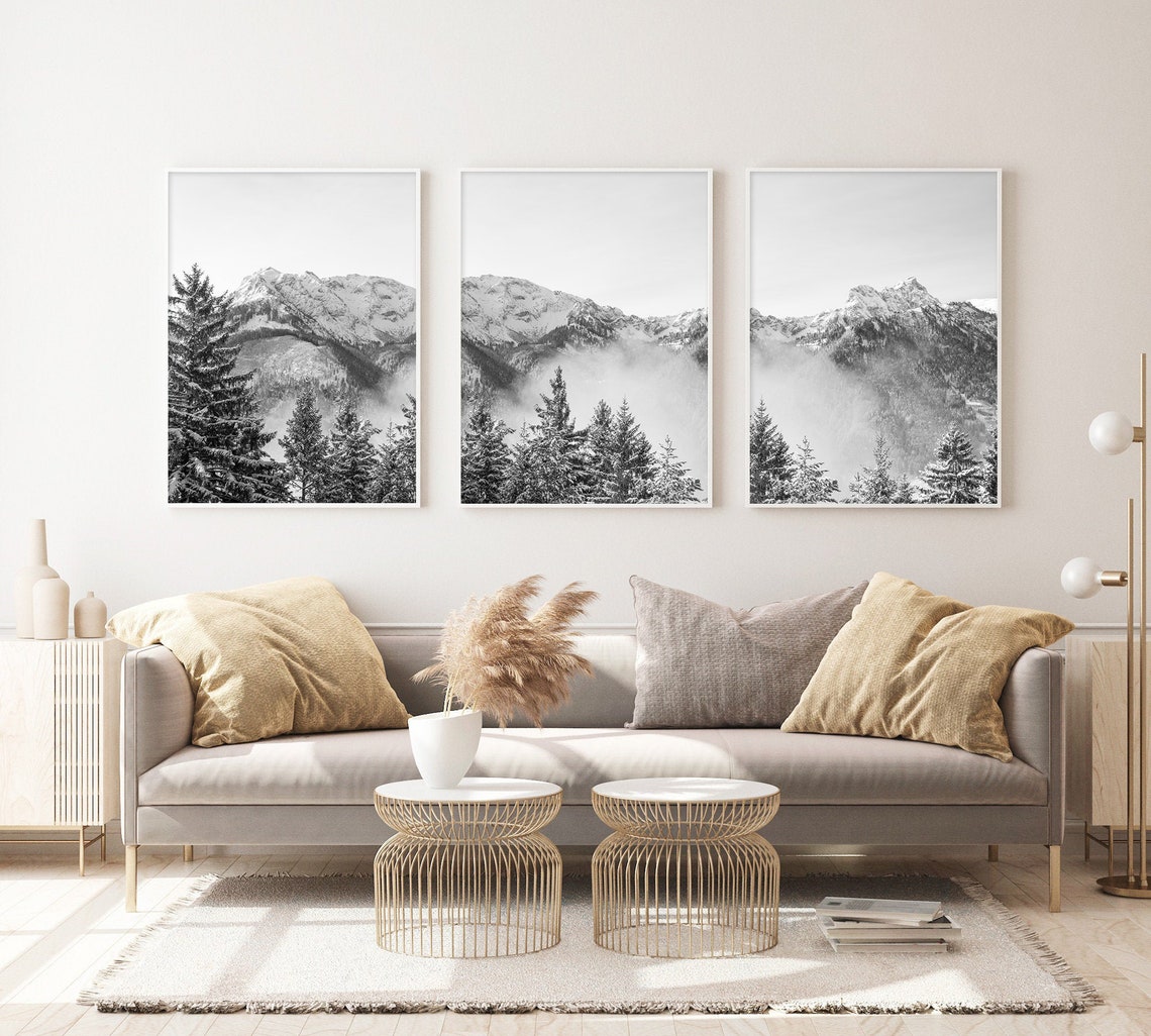 Modern Mountain Art Set of 3 Prints Mountain Poster Art Black Etsy