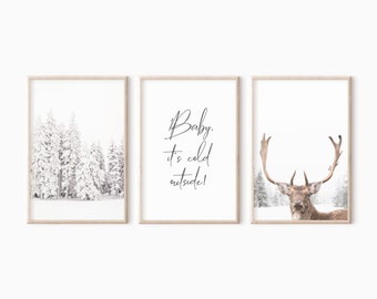 Reindeer In Snow Set Of 3 Prints DOWNLOAD | Winter Snowy Forest Wall Art | Printable Christmas Gallery Wall Art   #1382