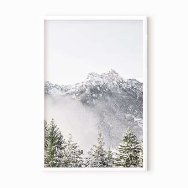 Snowy Mountain Print | Foggy Forest Art | Mountain Wall Art Digital Download | Nordic Holiday Decor | Downloadable Winter Photography  #1107