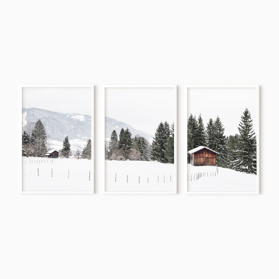 Log Cabin Set of 3 Prints | Snowy Mountain Landscape Print | Winter ...
