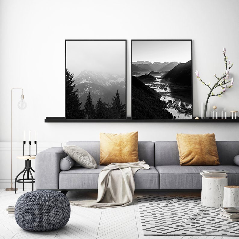 Set of Two Black and White Mountain Print Forest Print 2 Piece | Etsy