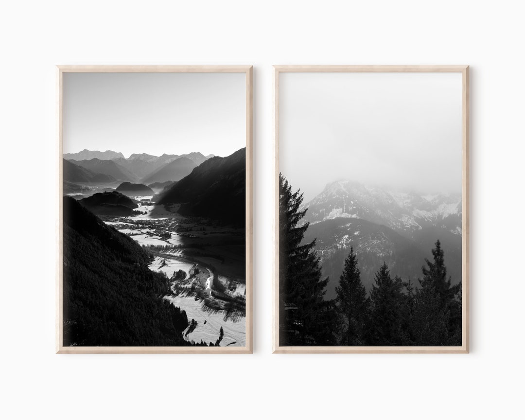 Set of 2 Black and White Mountain Prints | Forest Printable Wall Art ...