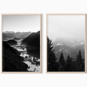 Set Of 2 Black And White Mountain Prints | Forest Printable Wall Art DOWNLOAD   #0067bw