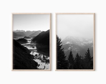 Set Of 2 Black And White Mountain Prints | Forest Printable Wall Art DOWNLOAD   #0067bw