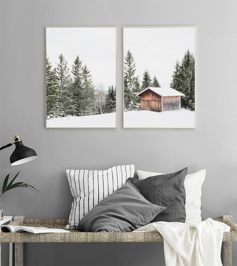 Set of 2 Snowy Winter Cabin Print | Forest Printable DOWNLOAD #0954 - Etsy