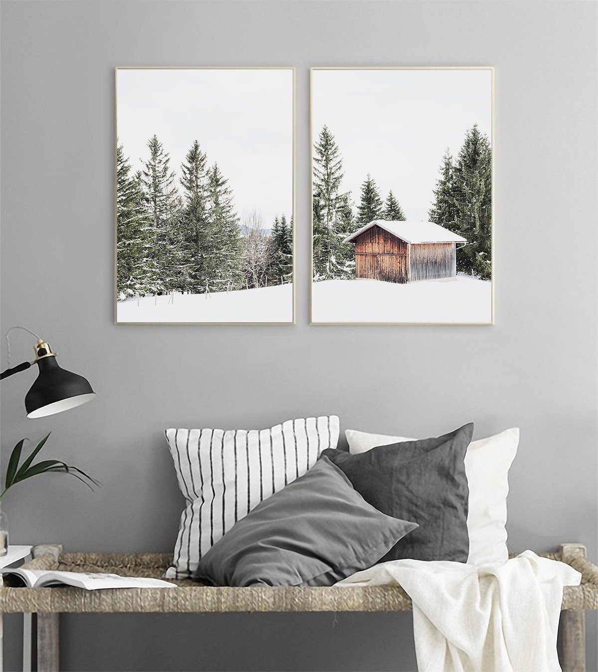 Set of 2 Snowy Winter Cabin Print Forest Printable Rustic | Etsy