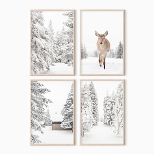 Conjunto de 4 impresiones invernales (DESCARGAR) / Pinos nevados / Impresiones digitales de renos del bosque / Arte mural navideño imprimible n.° 1411