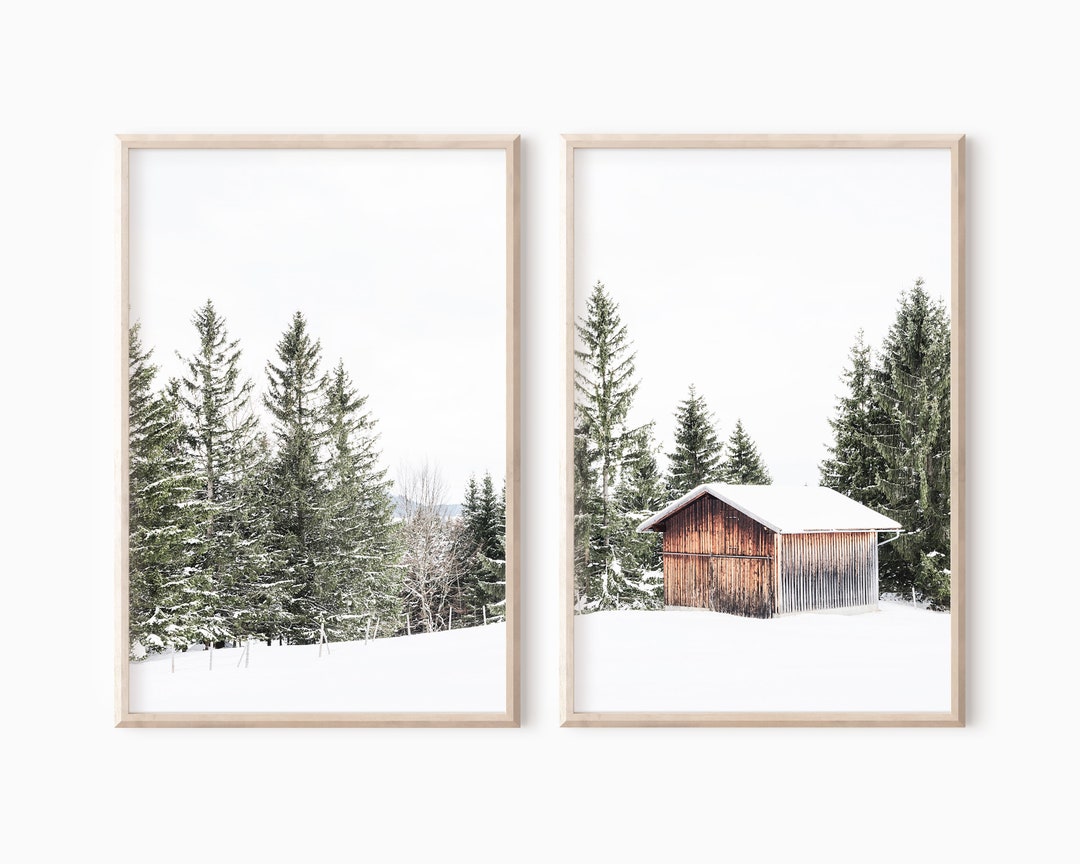 Set of 2 Snowy Winter Cabin Print | Forest Printable DOWNLOAD #0954 - Etsy