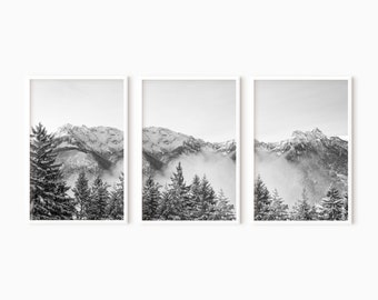 Juego de 3 láminas imprimibles de montañas para pared / Arte imprimible de bosques #0001bw