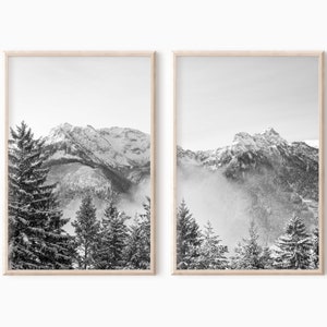 2 Stück Berg Wand Kunst | Druckbare Berg Fotografie | Digitales Wald Print Set | Sofortiger Download #0016bw