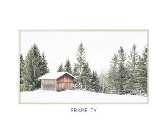 Frame Tv Christmas Art | Samsung Frame Tv Art | Frame Tv Nordic | Winter Landscape | Nordic Evergreen | Log Cabin In Woods   #0949