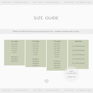 May include: A size guide for printing posters in various standard sizes, including 4:5, 3:4, and 2:3 ratios, as well as ISO file sizes. The guide lists dimensions in inches and centimeters. The text "need a custom size? contact me" is also included.